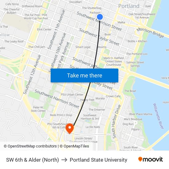 SW 6th & Alder (North) to Portland State University map