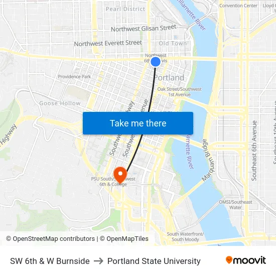 SW 6th & W Burnside to Portland State University map