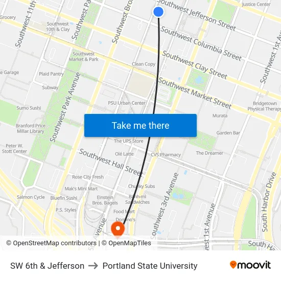 SW 6th & Jefferson to Portland State University map