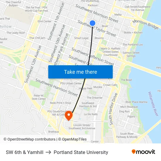 SW 6th & Yamhill to Portland State University map
