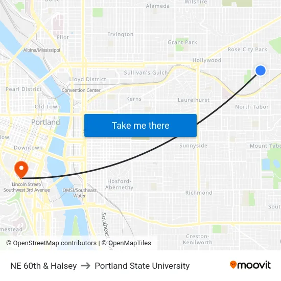 NE 60th & Halsey to Portland State University map