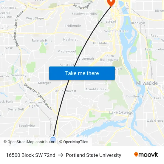 16500 Block SW 72nd to Portland State University map