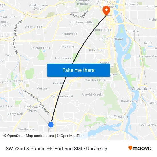 SW 72nd & Bonita to Portland State University map