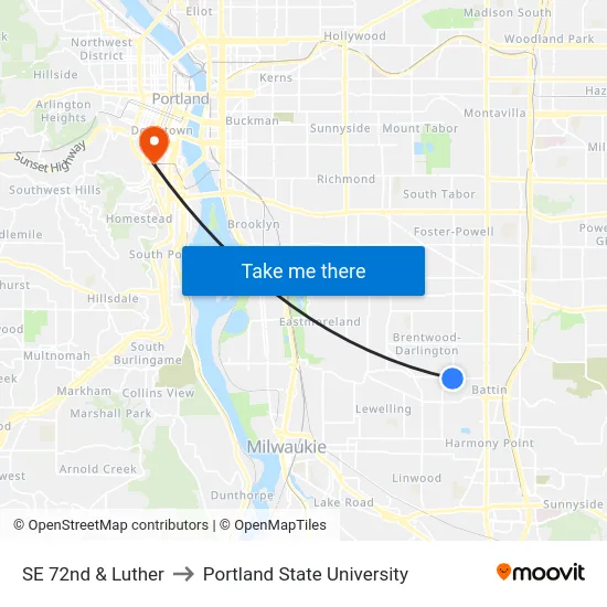 SE 72nd & Luther to Portland State University map