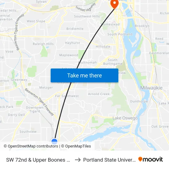 SW 72nd & Upper Boones Ferry to Portland State University map