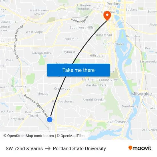 SW 72nd & Varns to Portland State University map