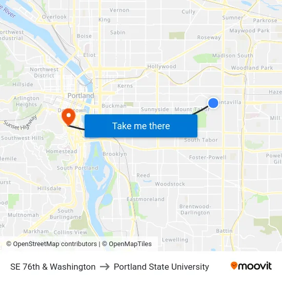 SE 76th & Washington to Portland State University map