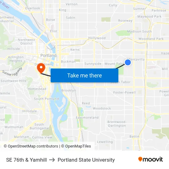 SE 76th & Yamhill to Portland State University map
