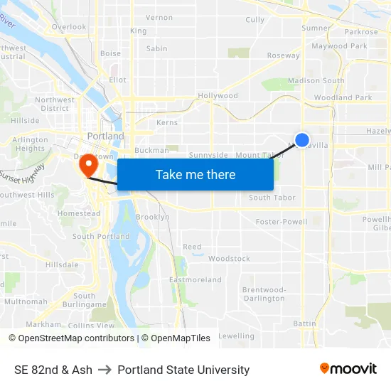 SE 82nd & Ash to Portland State University map