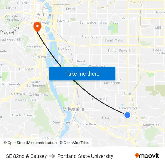 SE 82nd & Causey to Portland State University map