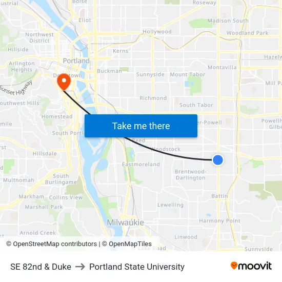 SE 82nd & Duke to Portland State University map