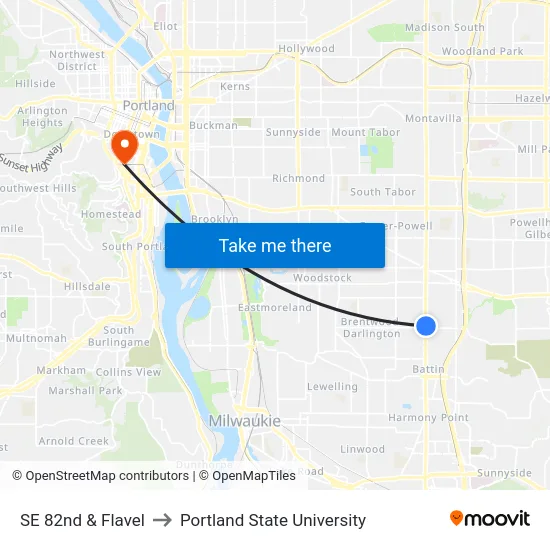 SE 82nd & Flavel to Portland State University map