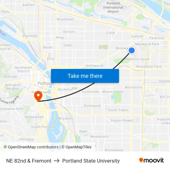 NE 82nd & Fremont to Portland State University map