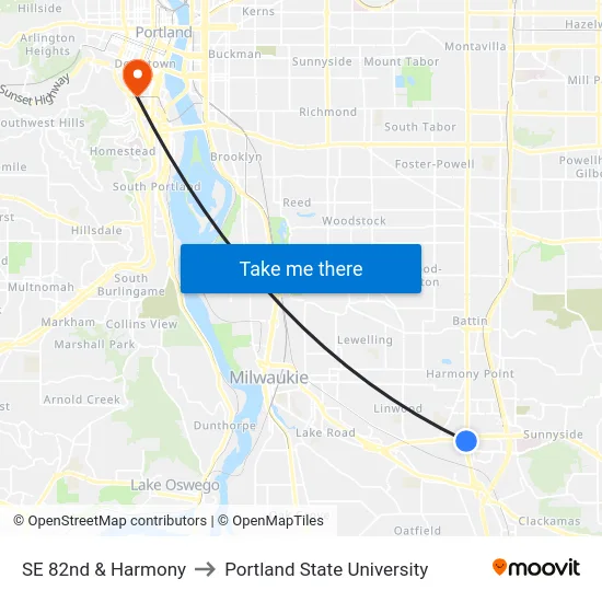 SE 82nd & Harmony to Portland State University map