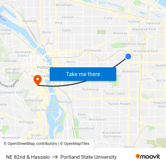 NE 82nd & Hassalo to Portland State University map