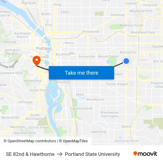 SE 82nd & Hawthorne to Portland State University map