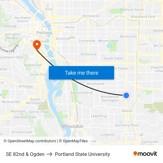 SE 82nd & Ogden to Portland State University map