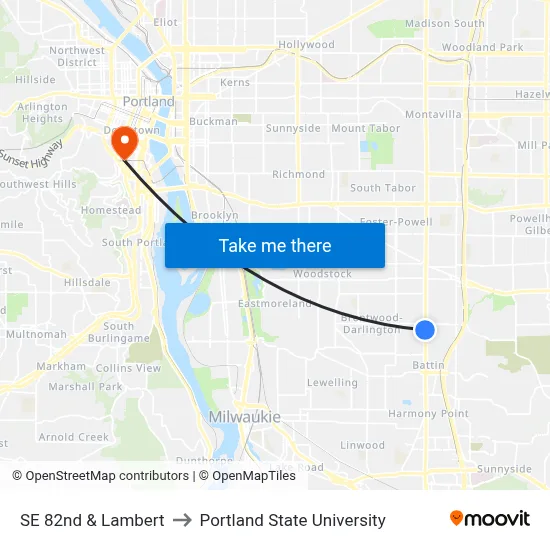 SE 82nd & Lambert to Portland State University map