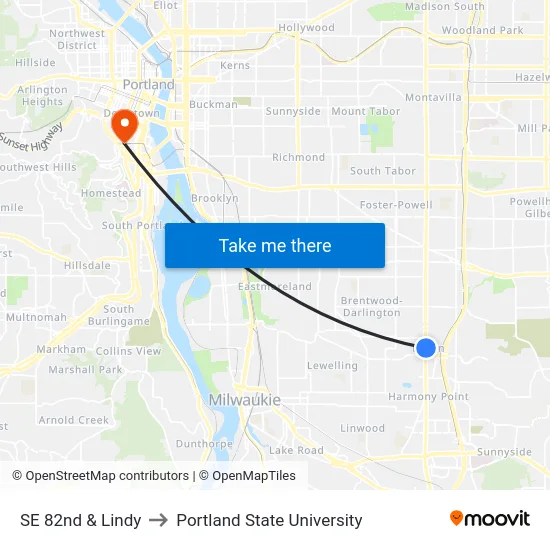 SE 82nd & Lindy to Portland State University map