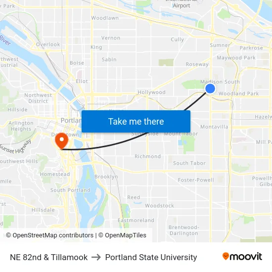 NE 82nd & Tillamook to Portland State University map