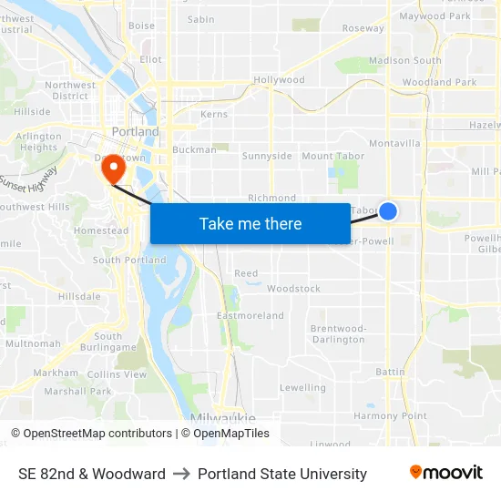 SE 82nd & Woodward to Portland State University map