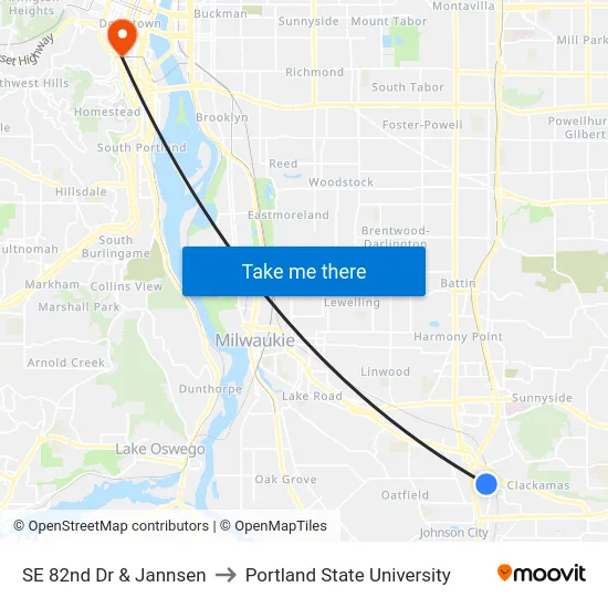 SE 82nd Dr & Jannsen to Portland State University map