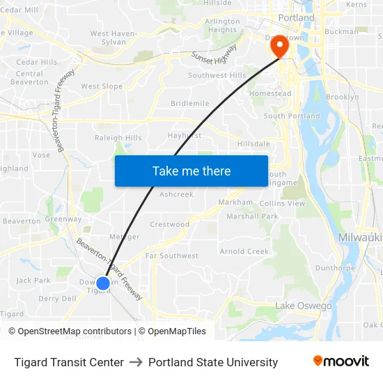 Tigard Transit Center to Portland State University map