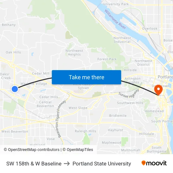 SW 158th & W Baseline to Portland State University map