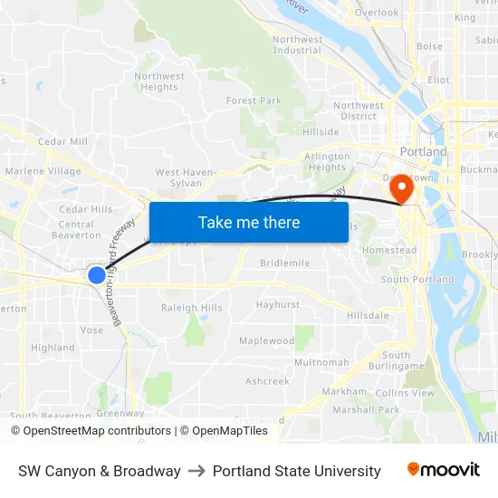 SW Canyon & Broadway to Portland State University map