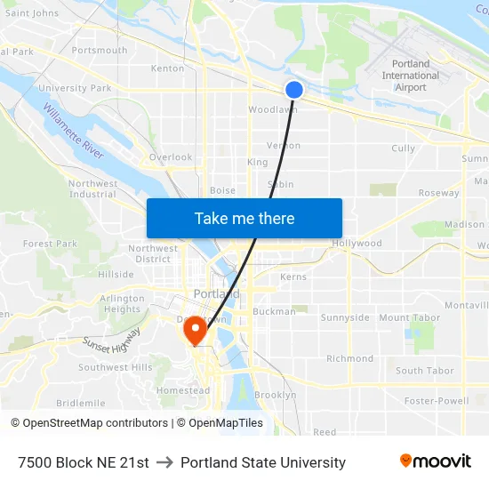 7500 Block NE 21st to Portland State University map