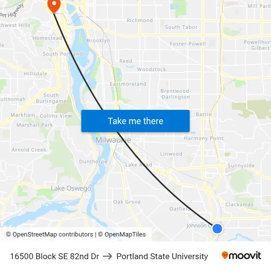16500 Block SE 82nd Dr to Portland State University map