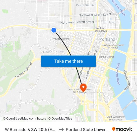 W Burnside & SW 20th (East) to Portland State University map