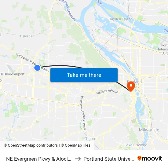 NE Evergreen Pkwy & Aloclek Ct to Portland State University map