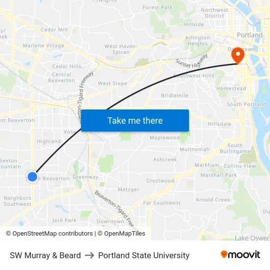 SW Murray & Beard to Portland State University map