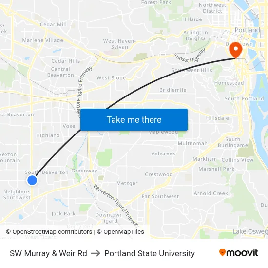 SW Murray & Weir Rd to Portland State University map