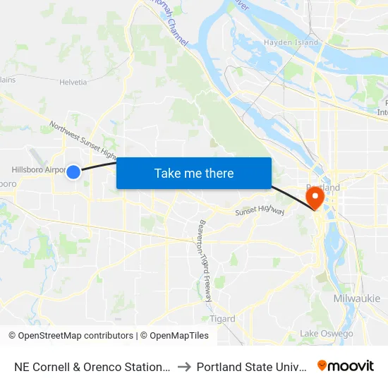 NE Cornell & Orenco Station Pkwy to Portland State University map