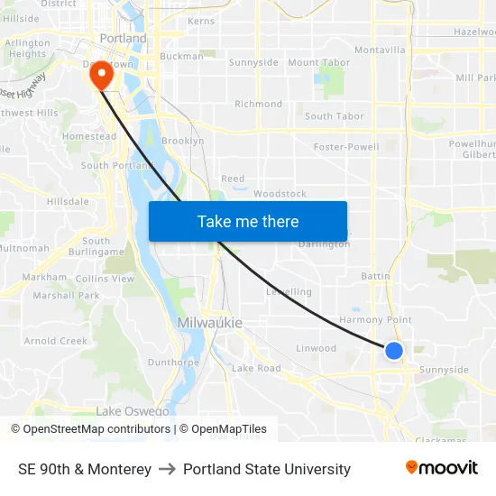 SE 90th & Monterey to Portland State University map
