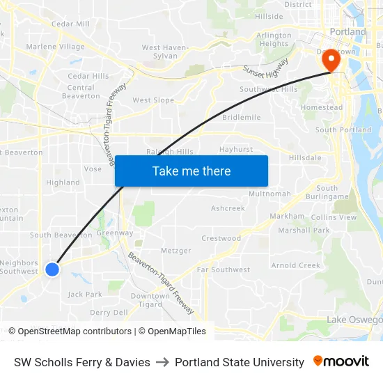 SW Scholls Ferry & Davies to Portland State University map