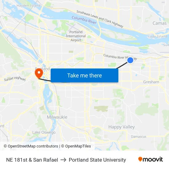 NE 181st & San Rafael to Portland State University map