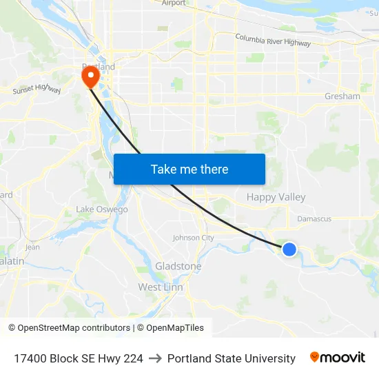 17400 Block SE Hwy 224 to Portland State University map