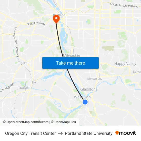 Oregon City Transit Center to Portland State University map