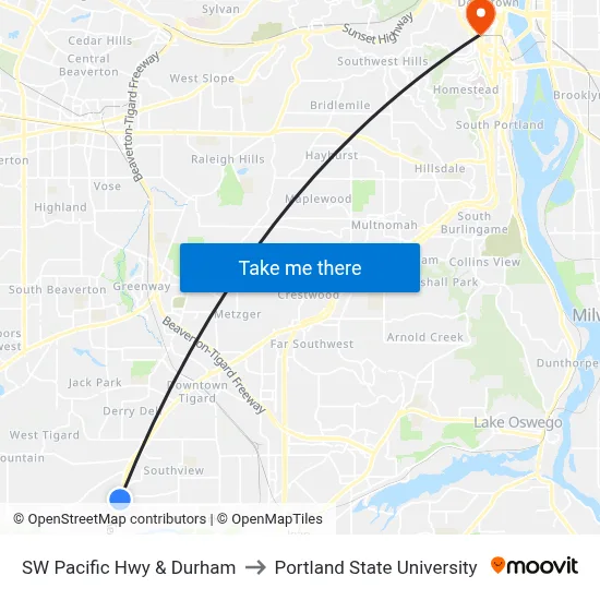 SW Pacific Hwy & Durham to Portland State University map