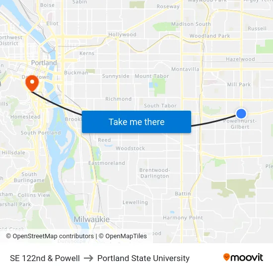 SE 122nd & Powell to Portland State University map
