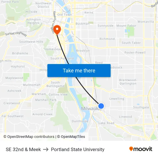 SE 32nd & Meek to Portland State University map