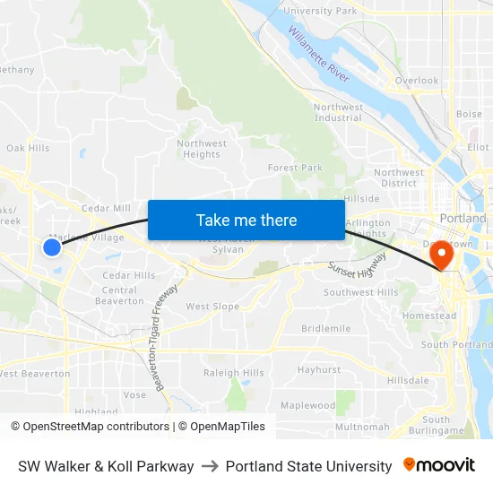 SW Walker & Koll Parkway to Portland State University map