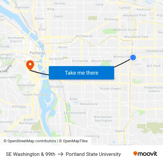 SE Washington & 99th to Portland State University map