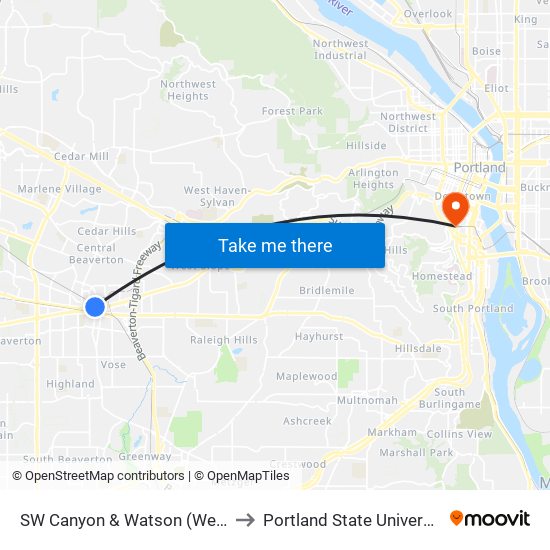 SW Canyon & Watson (West) to Portland State University map