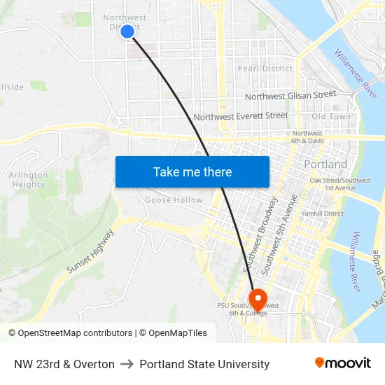 NW 23rd & Overton to Portland State University map
