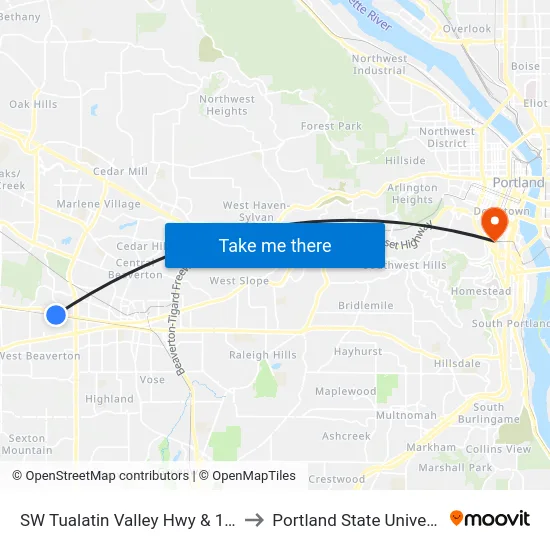 SW Tualatin Valley Hwy & 153rd to Portland State University map