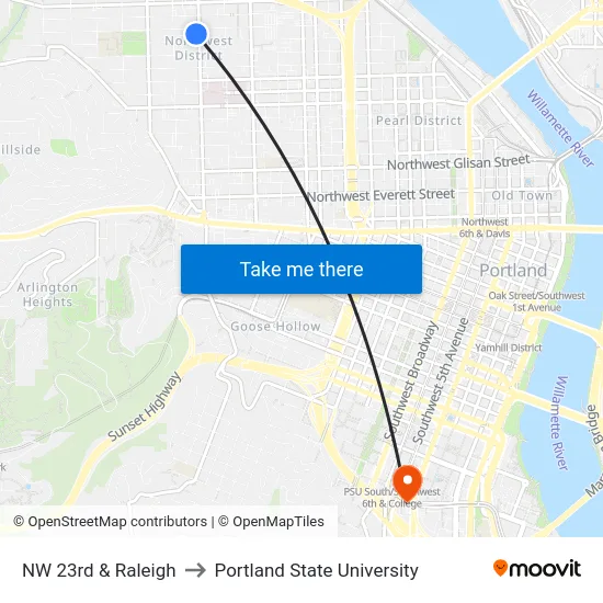 NW 23rd & Raleigh to Portland State University map